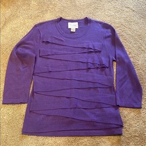 Anthropologie Helios & Luna Lightweight Wool Ruffle Front Crew 3/4 Slv Sweater L